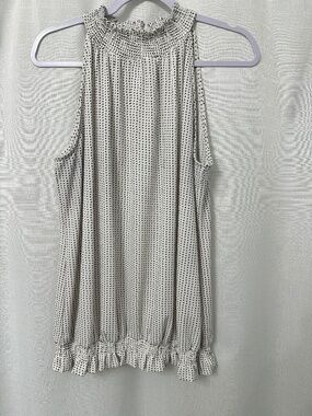 Adrianna Papell Black & White Polka Dot Sleeveless Ruffle Hem Blouse
